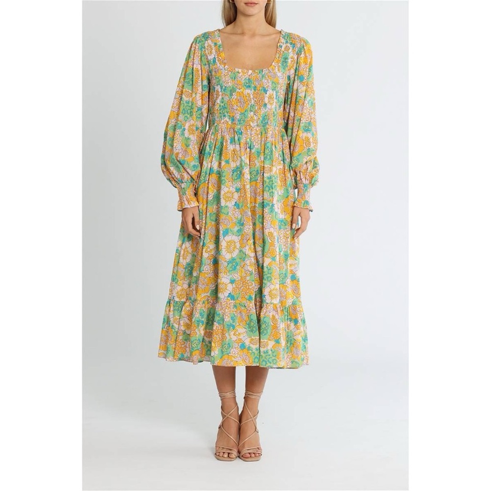 Bohemian Traders Shirred Bodice with Square Neckline Midi Dress Sz S